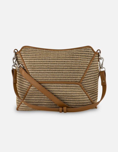 Bolso de hombro en rafia color cuero para mujer con tejido canasta