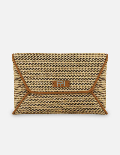 Clutch en rafia color cuero para mujer con tejido tipo canasta