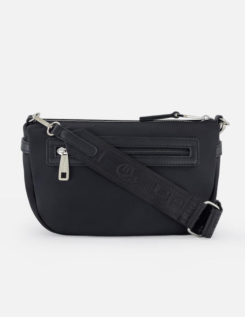 Bandolera negra en nylon para mujer con detalles en piel vegana