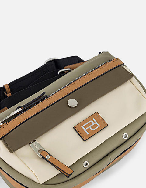 Bandolera verde en nylon y piel vegana para mujer con placa Pd