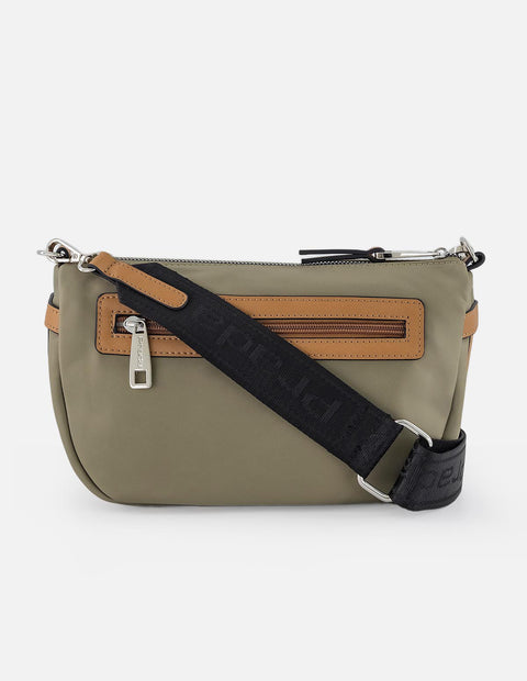 Bandolera verde en nylon y piel vegana para mujer con placa Pd