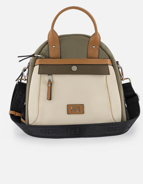 Mochila verde en nylon y piel vegana para mujer con asas marrones