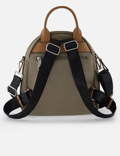 Mochila verde en nylon y piel vegana para mujer con asas marrones