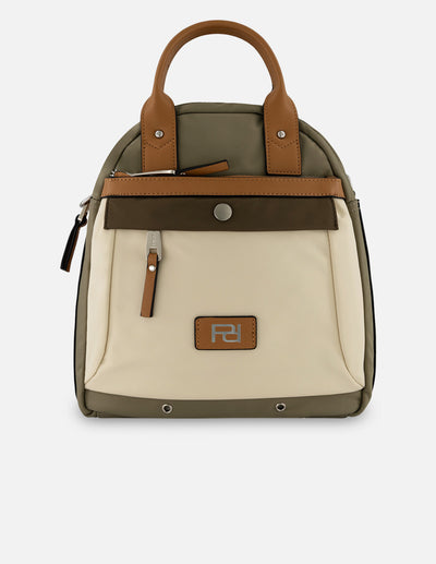 Mochila verde en nylon y piel vegana para mujer con asas marrones