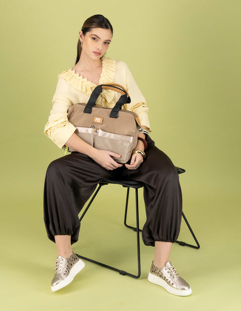 Bolso bowling beige en nylon y piel vegana para mujer
