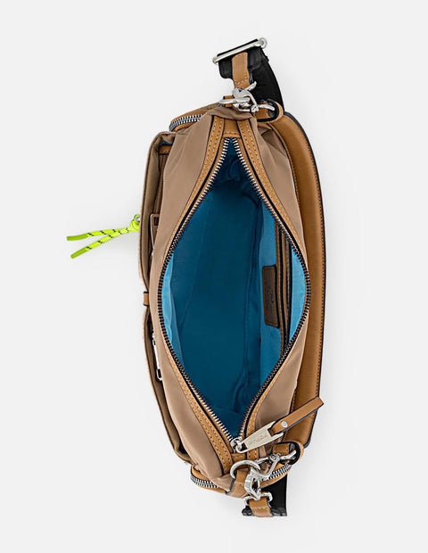 Bandolera beige en nylon y piel vegana para mujer con herrajes Pd