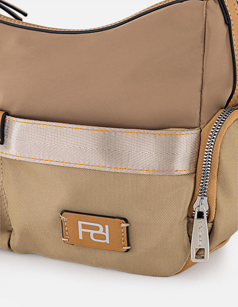 Bandolera beige en nylon y piel vegana para mujer con herrajes Pd