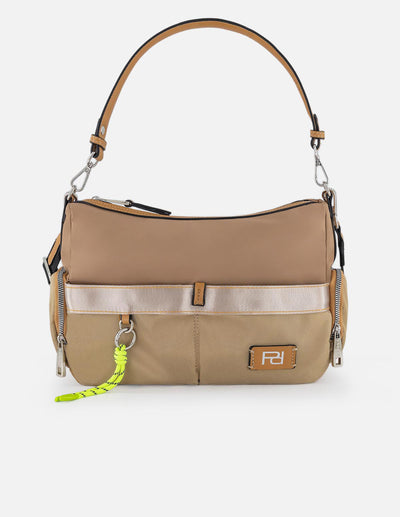 Bandolera beige en nylon y piel vegana para mujer con herrajes Pd