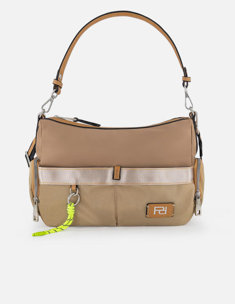 Bandolera beige en nylon y piel vegana para mujer con herrajes Pd