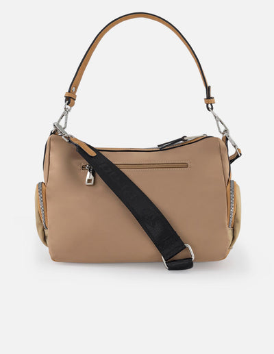 Bandolera beige en nylon y piel vegana para mujer con herrajes Pd