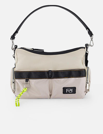 Bandolera blanca en nylon y piel vegana para mujer con placa Pd