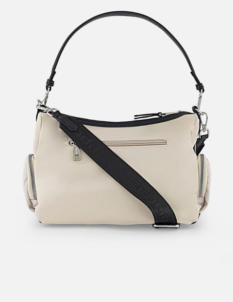 Bandolera blanca en nylon y piel vegana para mujer con placa Pd