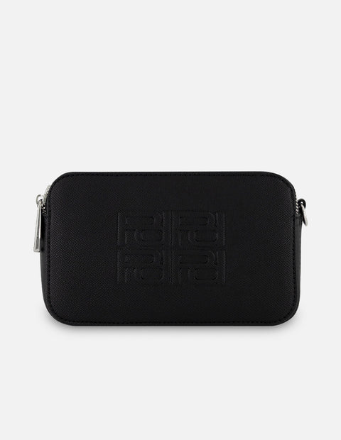 Bandolera negro piel vegana para mujer con grabado