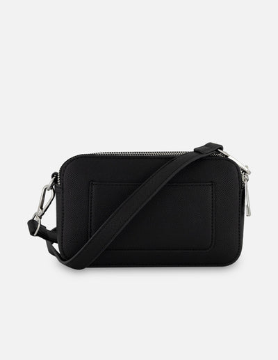 Bandolera negro piel vegana para mujer con grabado