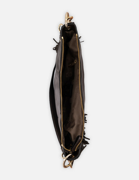 Bolso de hombro café piel para mujer con flecos