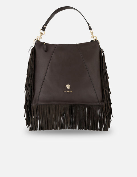 Bolso de hombro café piel para mujer con flecos