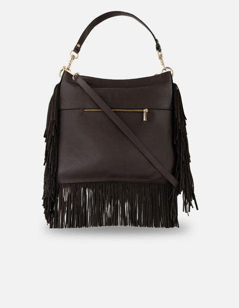 Bolso de hombro café piel para mujer con flecos