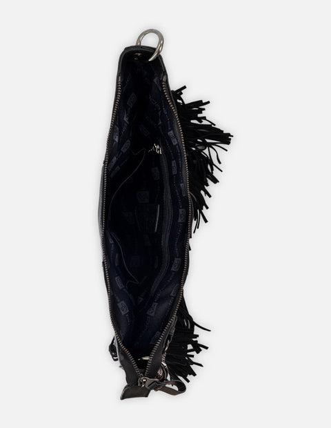 Bolso de hombro negro piel para mujer con flecos