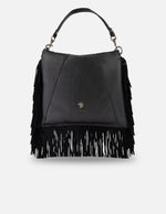 Bolso de hombro negro piel para mujer con flecos