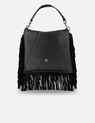 Bolso de hombro negro piel para mujer con flecos