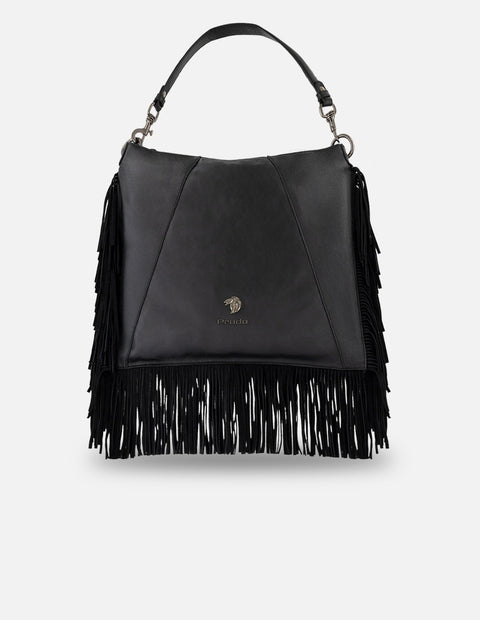 Bolso de hombro negro piel para mujer con flecos