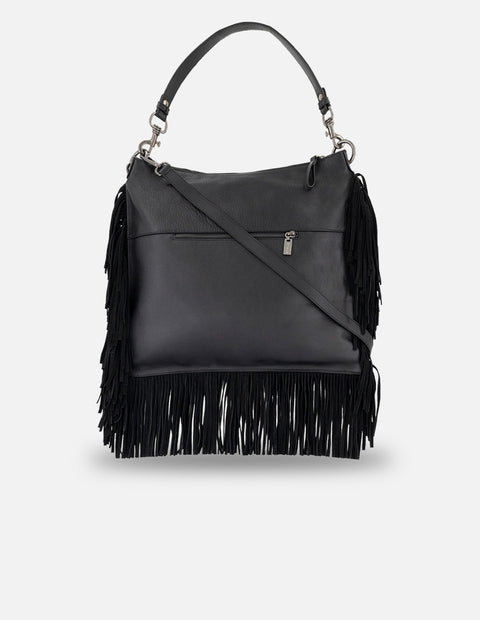 Bolso de hombro negro piel para mujer con flecos
