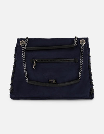 Bolso hombro azul de mujer ante vegano Pd con cadena plateada