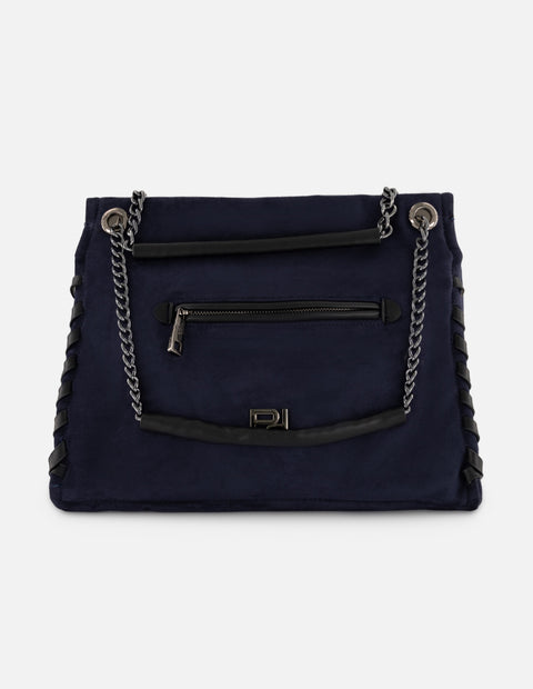 Bolso hombro azul de mujer ante vegano Pd con cadena plateada