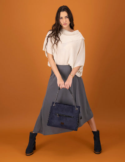 Bolso hombro azul de mujer ante vegano Pd con cadena plateada