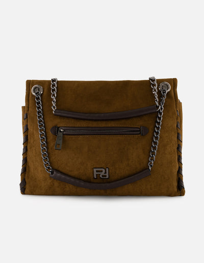 Bolso hombro de mujer café ante vegano Pd con cadena plateada