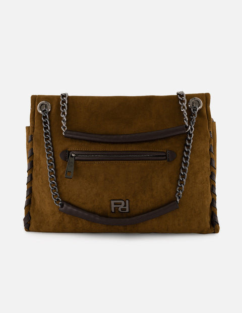 Bolso hombro de mujer café ante vegano Pd con cadena plateada