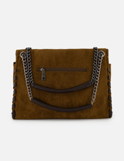 Bolso hombro de mujer café ante vegano Pd con cadena plateada