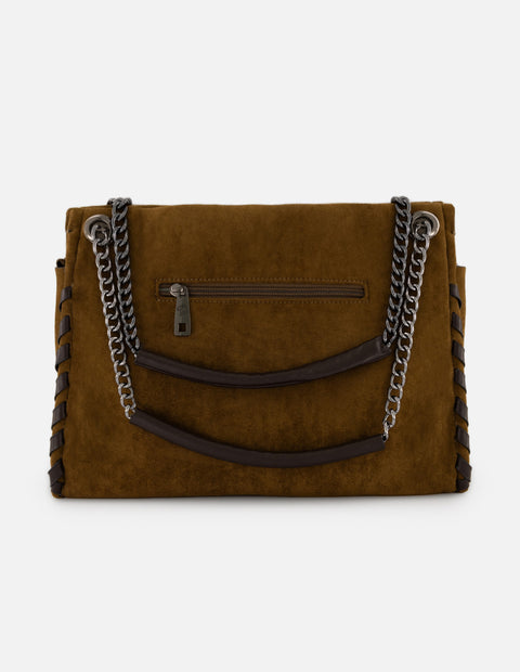Bolso hombro de mujer café ante vegano Pd con cadena plateada