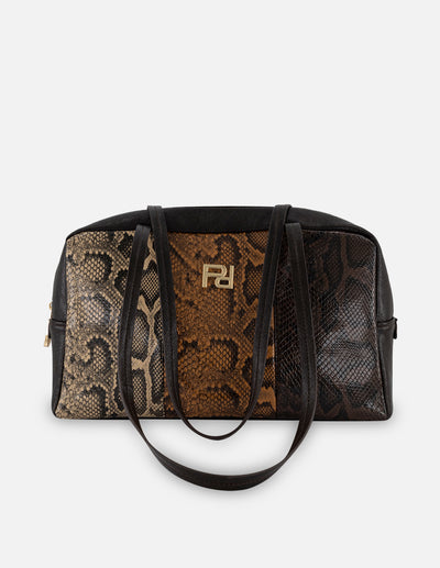Bolso de hombro café piel vegana con grabado tipo serpiente