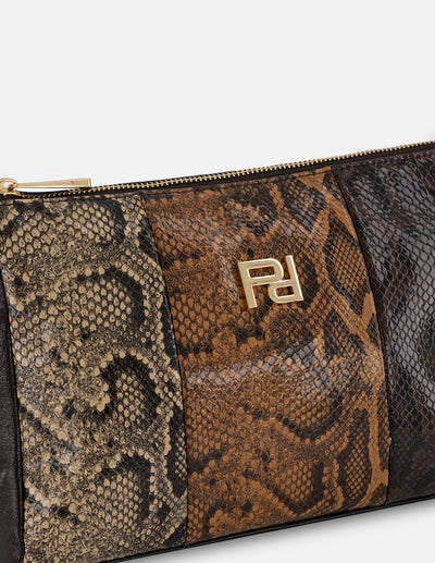 Bolso hombro café piel vegana para mujer con grabado serpiente