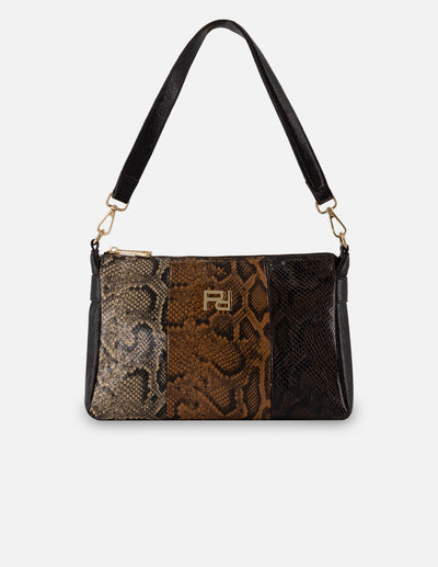 Bolso hombro café piel vegana para mujer con grabado serpiente