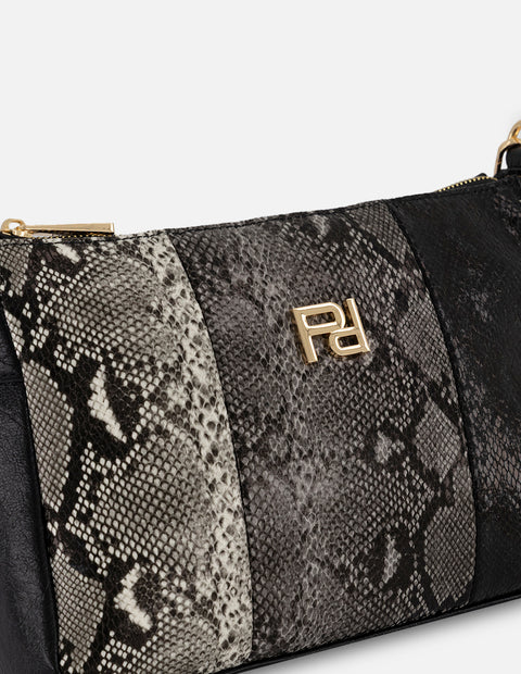Bolso hombro negro piel vegana para mujer con grabado serpiente