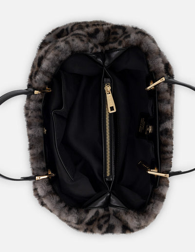 Bolso de mano gris pelo sintético para mujer con animal print