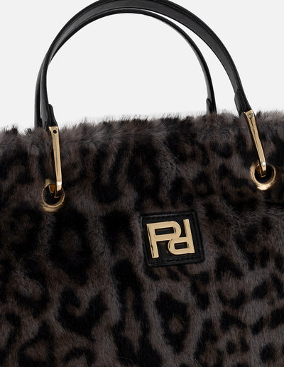 Bolso de mano gris pelo sintético para mujer con animal print