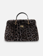 Bolso de mano gris pelo sintético para mujer con animal print