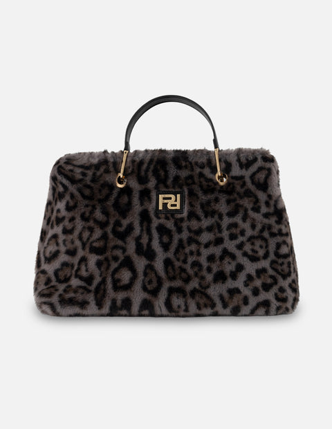 Bolso de mano gris pelo sintético para mujer con animal print
