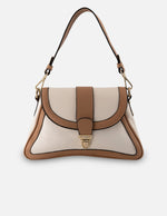 Bolso satchel asimétrico color nude para mujer con herrajes dorados