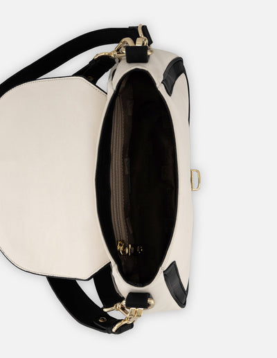 Bolso satchel asimétrico color blanco para mujer con herrajes dorados