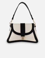 Bolso satchel asimétrico color blanco para mujer con herrajes dorados