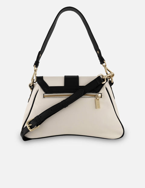 Bolso satchel asimétrico color blanco para mujer con herrajes dorados