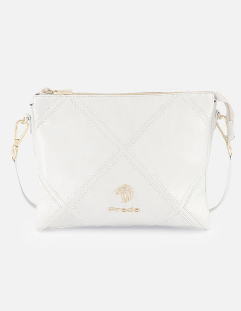 Bandolera blanca en piel con costuras cruzadas para mujer