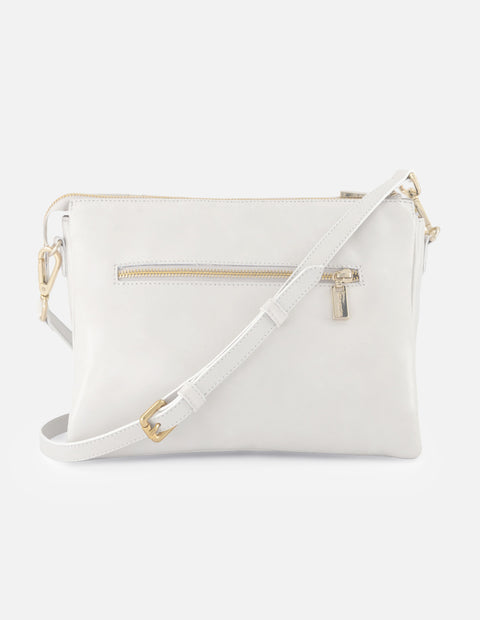 Bandolera blanca en piel con costuras cruzadas para mujer