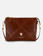 Bandolera café en piel para mujer con costuras cruzadas