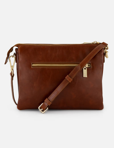 Bandolera café en piel para mujer con costuras cruzadas