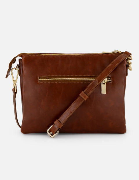 Bandolera café en piel para mujer con costuras cruzadas